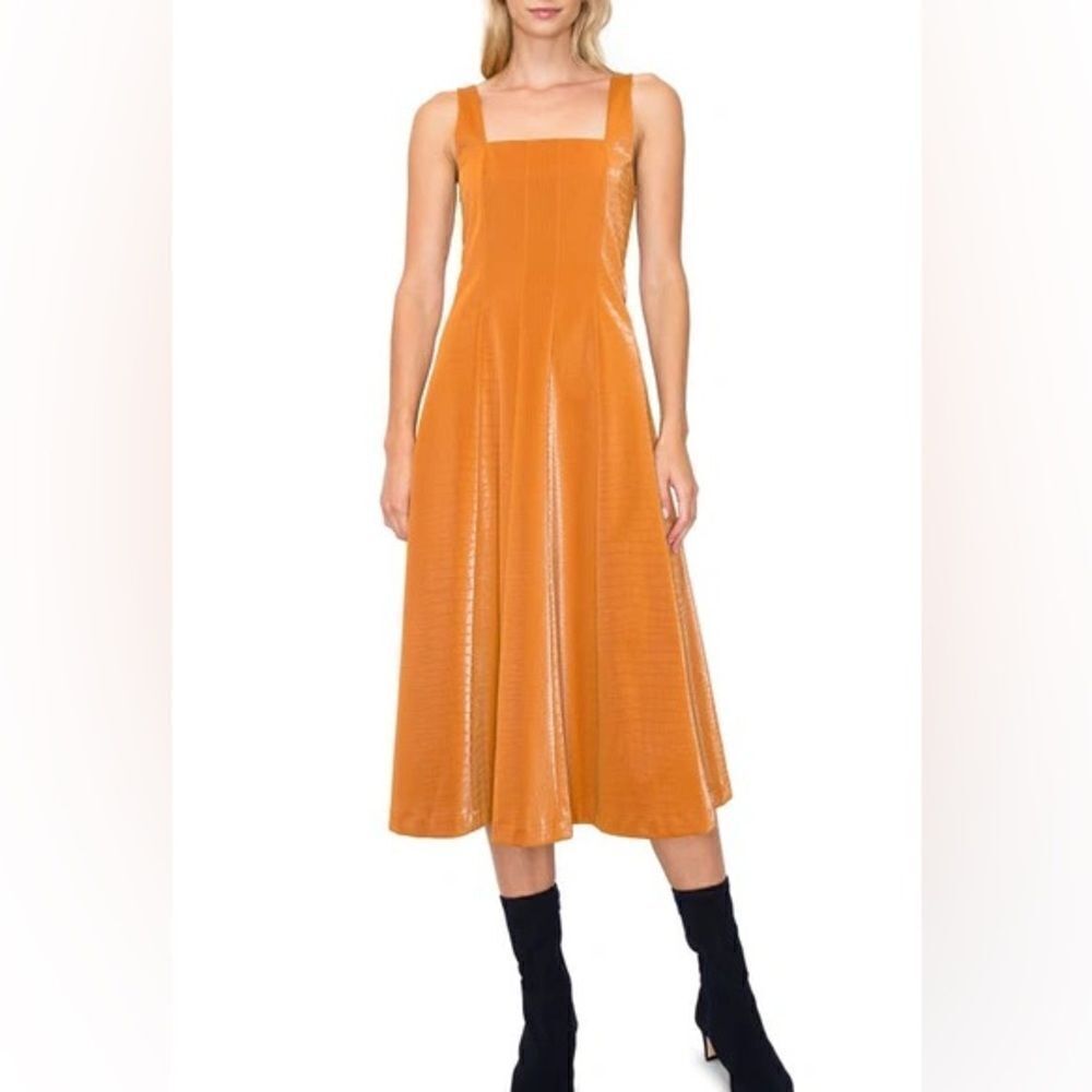 MELLODAY NWT Croc Embossed Faux Leather Midi Dress In Camel size XS